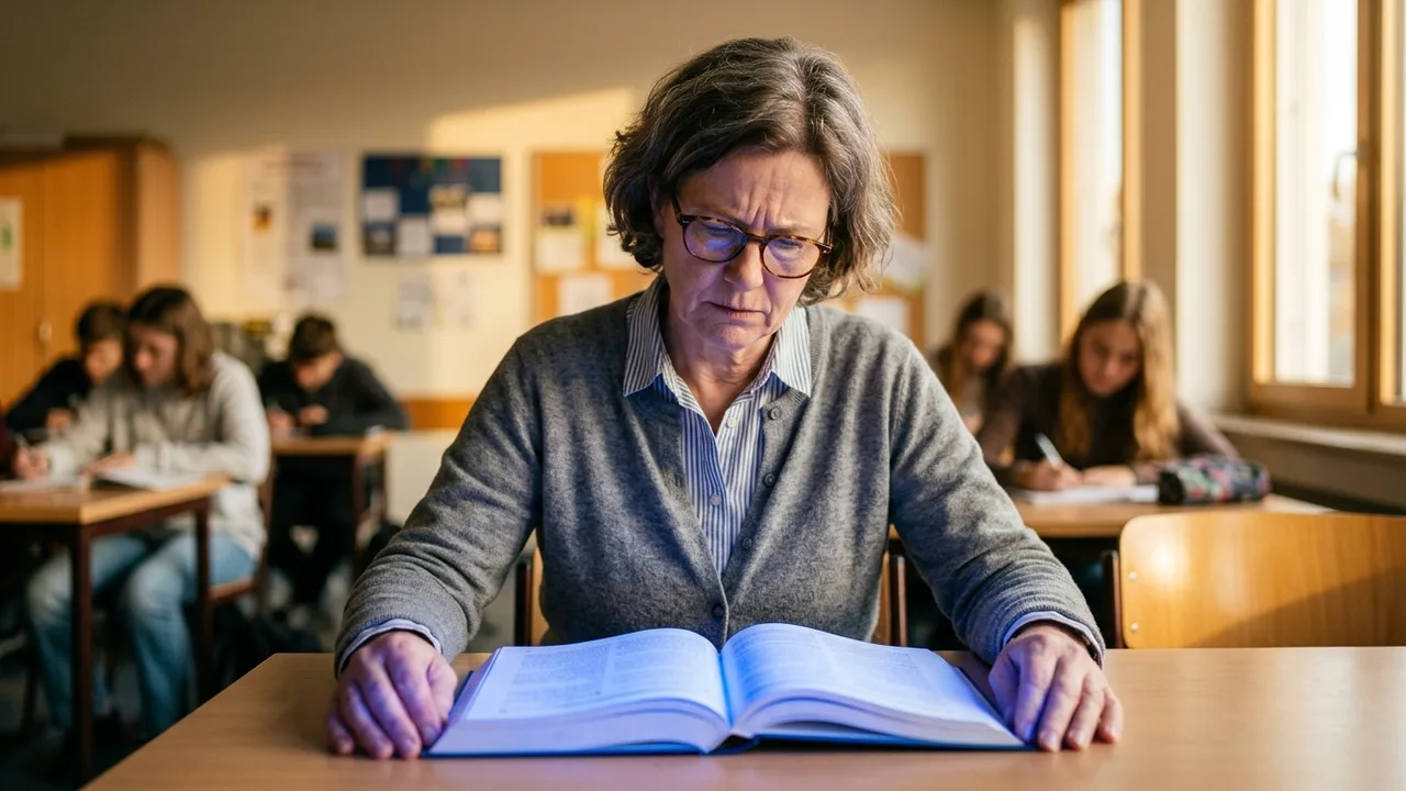 Eine Kinderhand hält einen Stift über einem geöffneten Schulbuch, im unscharfen Hintergrund liegt ein leuchtendes Smartphone.