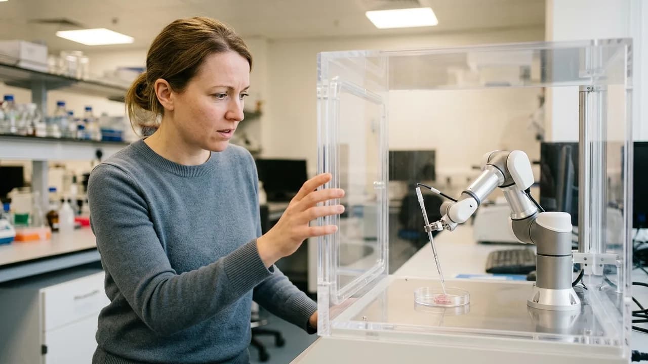 Ein präziser Roboterarm hält vorsichtig eine Petrischale mit einem leuchtenden Embryo in einem sterilen Labor. Die Szene wirkt hochtechnologisch und leicht unheimlich.
