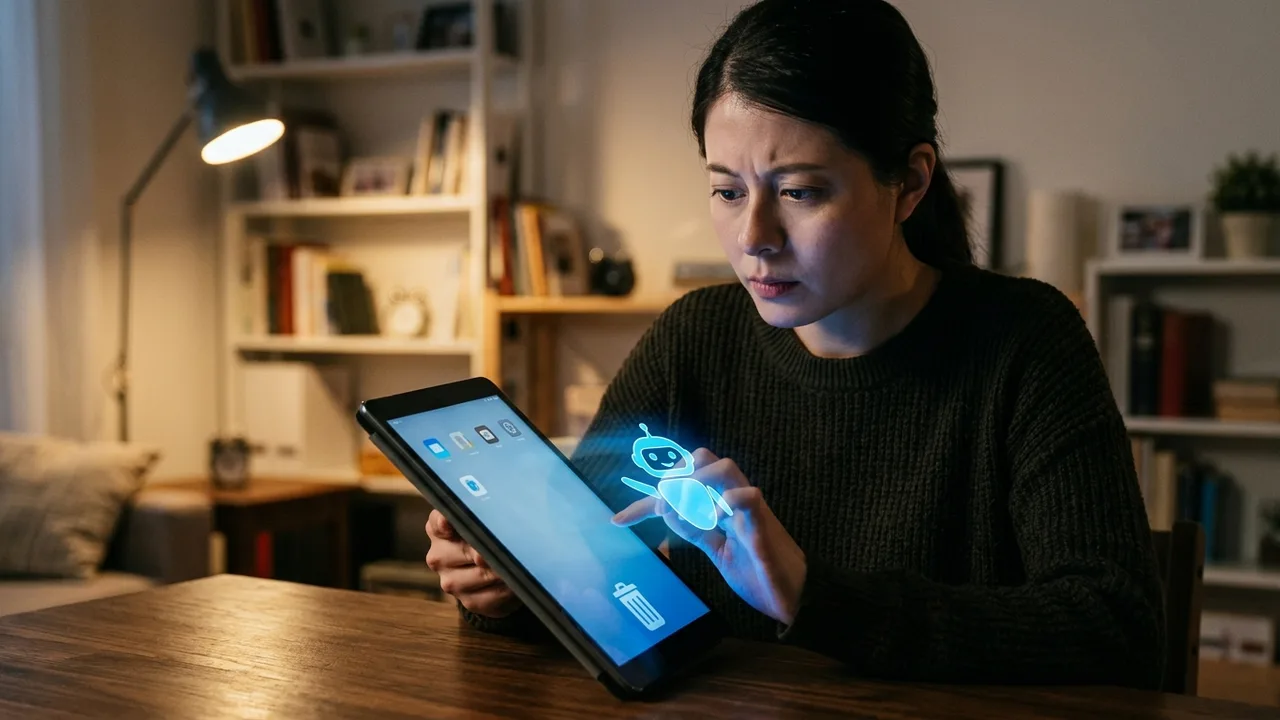 Eine zögerliche menschliche Hand, die sich einem Smartphone mit einer abstrakten, leicht verzerrten KI-Chatbot-Oberfläche nähert, die eher wie Datenpunkte als ein Gesicht aussieht.