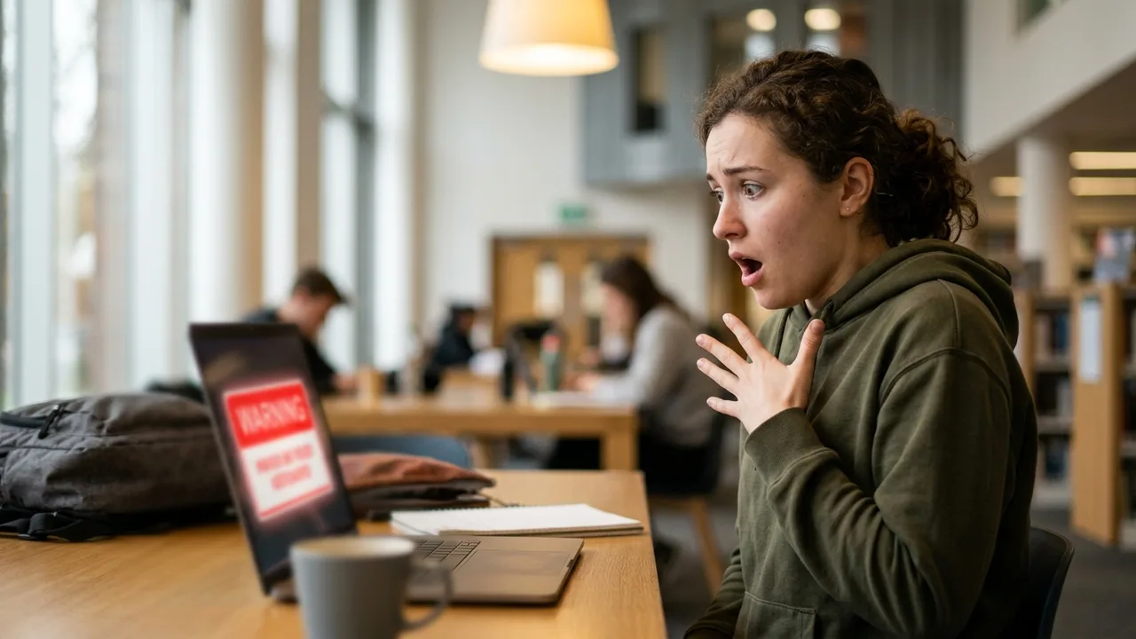 Hände versuchen verzweifelt, Text auf einem digitalen Bildschirm zu verwischen, der ein verzerrtes, besorgtes Gesicht widerspiegelt.