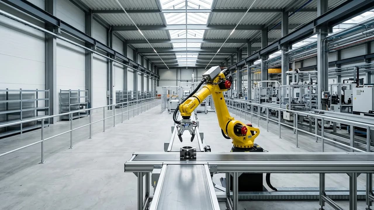 Eine menschliche Hand steuert eine leuchtende digitale Oberfläche, während im Hintergrund Roboterarme repetitive Aufgaben in einer Testanlage ausführen.