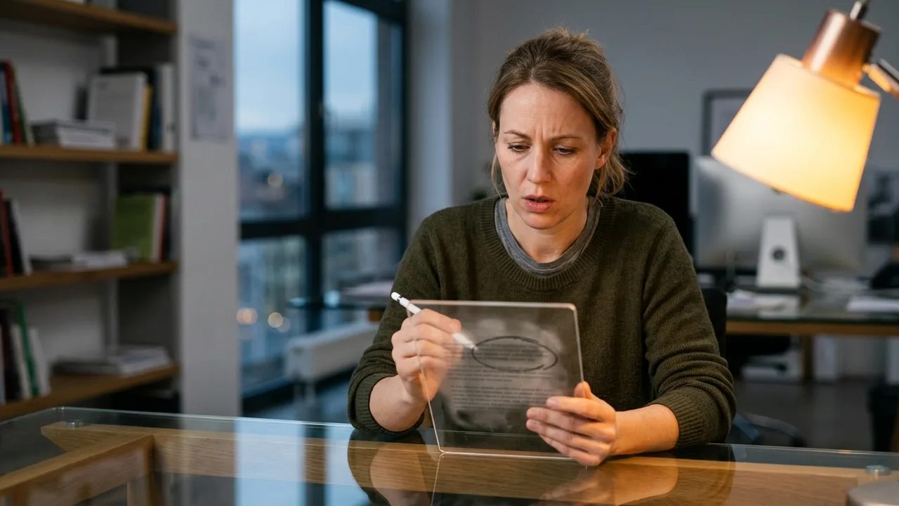 Nahaufnahme der Hände einer jungen Frau, die über einem Tablet-Bildschirm schweben, auf dem ein komplexes Workflow-Diagramm zu sehen ist, in einem modernen Büro.