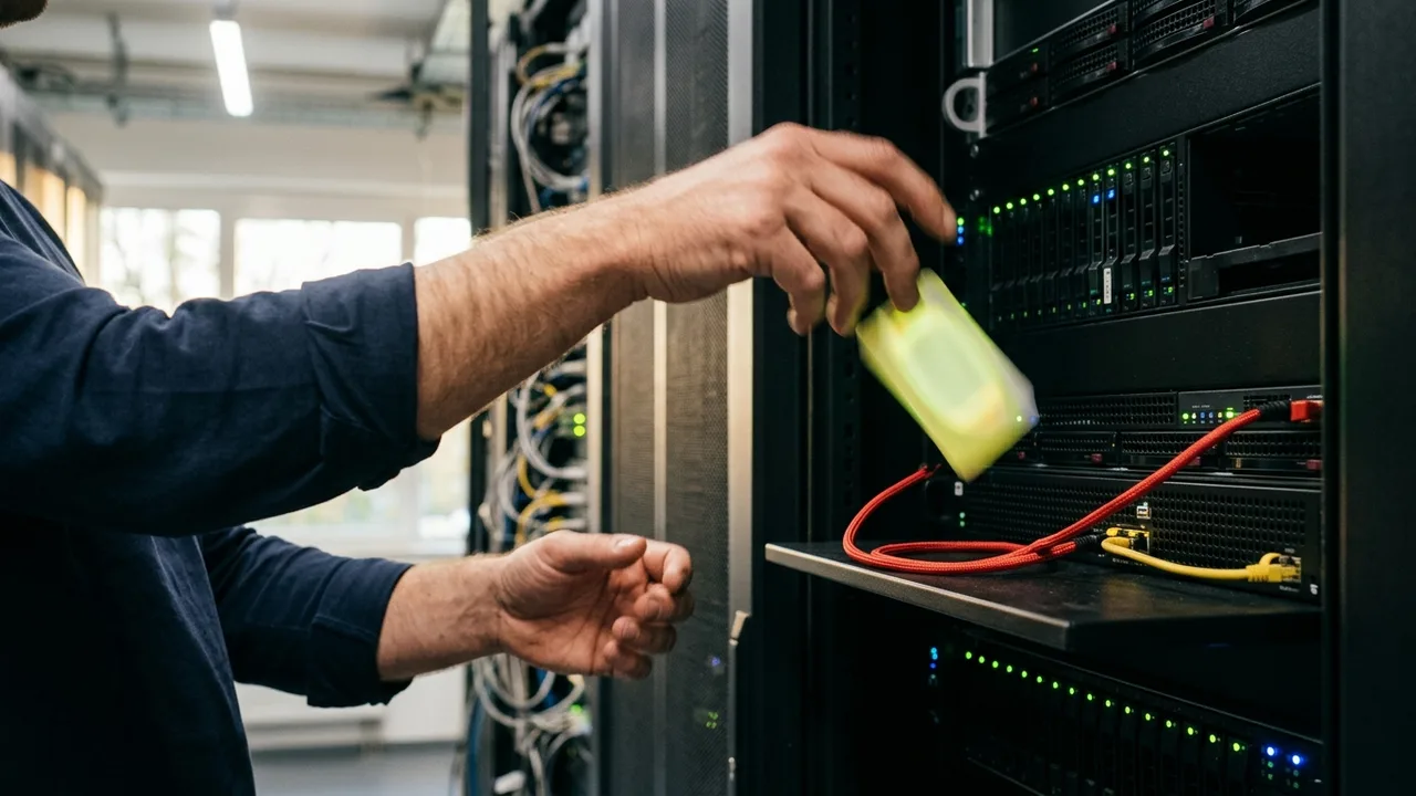 Eine menschliche Hand hält einen altmodischen Messingschlüssel über einem leuchtenden, abstrakten digitalen Netzwerk, das eine Internet-Infrastruktur darstellt. Der Schlüssel ist teilweise von Schatte
