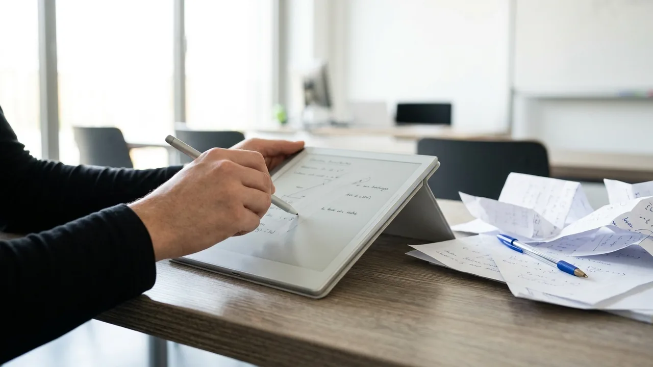 Hände schreiben mit einem Stift auf einem E-Ink-Tablet, dessen Bildschirm digitale handschriftliche Notizen zeigt. Im unscharfen Hintergrund liegt ein traditionelles Notizbuch.