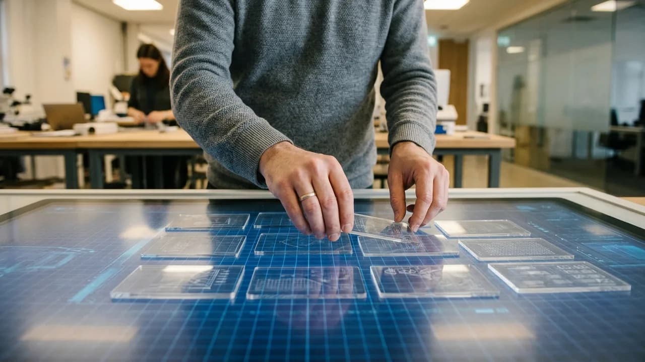 Ein digitaler Bildschirm zeigt eine komplexe, aber geordnete Ansammlung von Datenpunkten und Verbindungslinien. In der Mitte steht eine klare, natürlich formulierte Frage, die von der Datenstruktur um