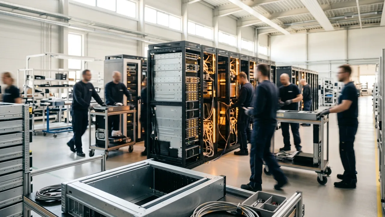 Ein dicker Glasfaserkabelstrang wird aus einem modernen Server-Rack in einem kühlen, futuristischen Rechenzentrum gezogen. Das Licht ist kühlblau und weiß und betont die hochtechnologische Umgebung. D