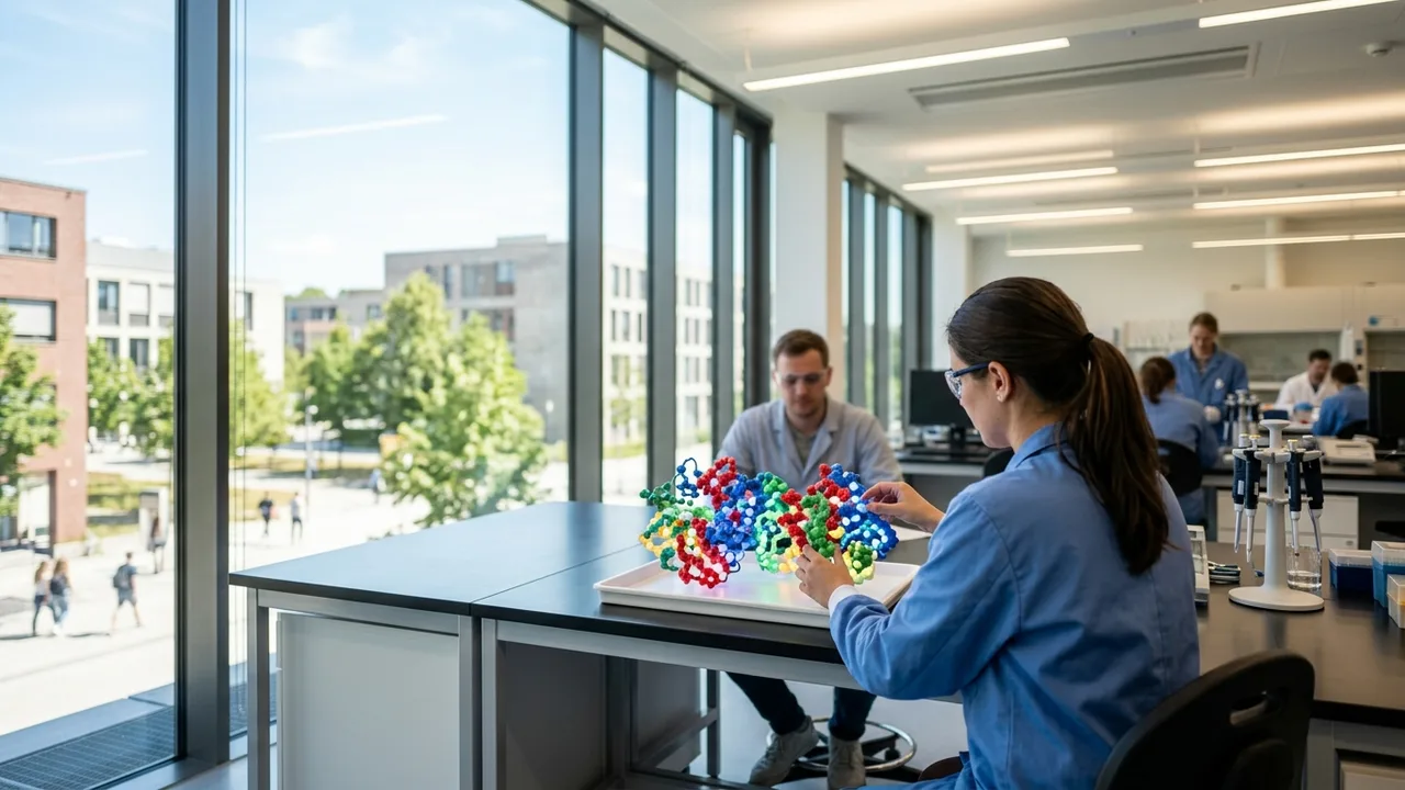 Nahaufnahme der Hände eines Wissenschaftlers, der an einem komplexen molekularen Modell auf einer holographischen Benutzeroberfläche arbeitet, umgeben von Laborgeräten.