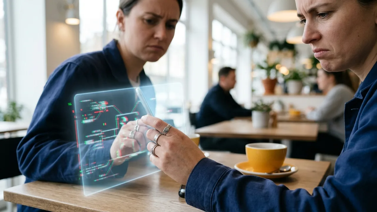 Eine Person blickt frustriert auf ihr Smartphone, auf dessen Bildschirm eine verschwommene, unvollständige digitale Entität schwebt, die einen nicht erreichbaren KI-Assistenten symbolisiert.