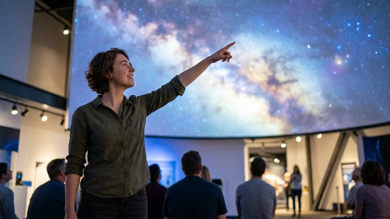 Eine junge Astrophysikerin schaut überrascht auf eine holografische 3D-Visualisierung des Milchstraßen-Zentrums, die komplexe Gammastrahlen-Muster zeigt.