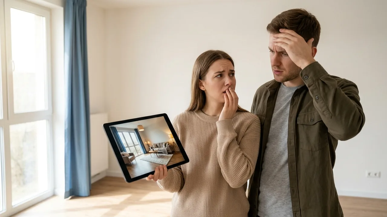 Eine frustrierte junge Frau steht in einem leeren, schmutzigen Apartment und hält ein Smartphone, das eine digital möblierte und perfekte Version desselben Raumes zeigt.