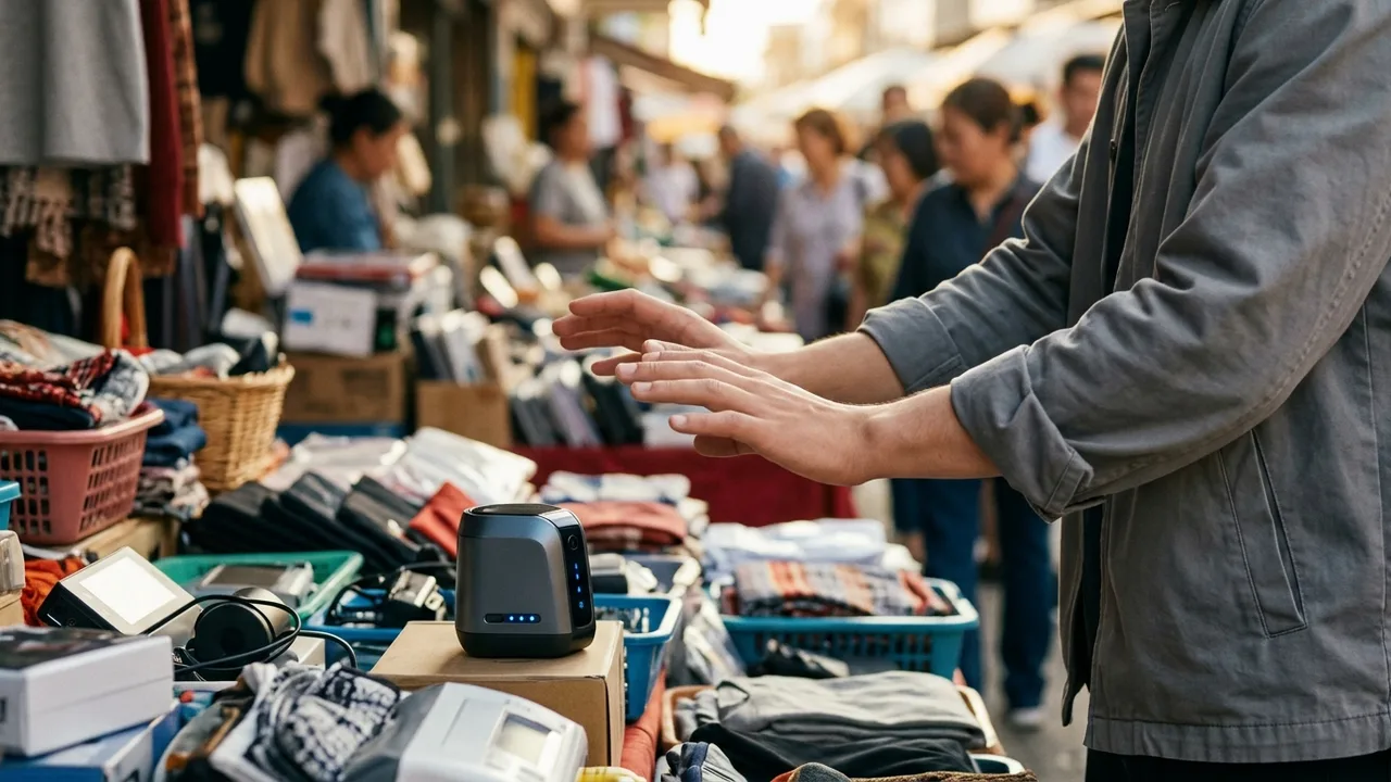 Eine Hand hält ein Smartphone mit einer Shopping-App und chinesischen Schriftzeichen, während die andere Hand einen kleinen Stapel Euro-Münzen hält.