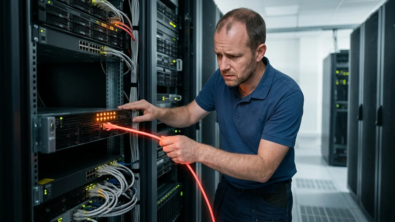 Ein leerer Chefsessel vor mehreren Computerbildschirmen in einem dunklen Netzwerk-Kontrollzentrum. Kabel liegen lose auf dem Tisch, was eine Verschiebung der Kontrolle andeutet.