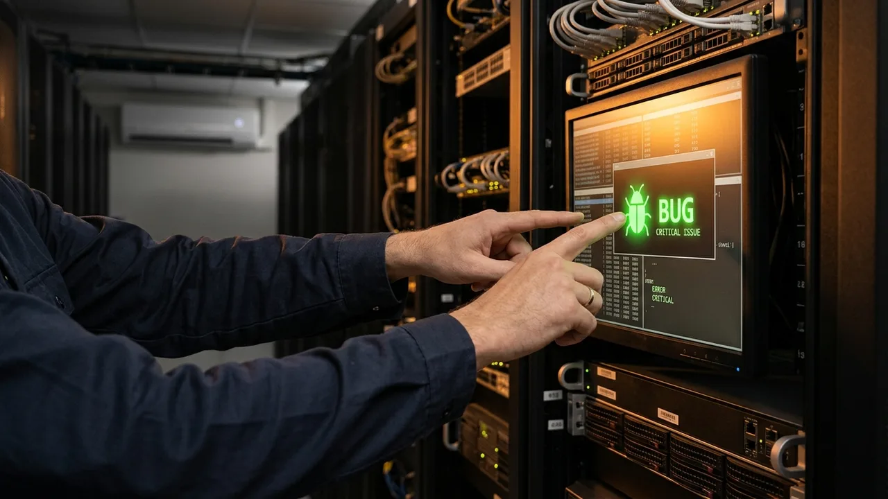 Nahaufnahme eines sicheren, beleuchteten Server-Racks mit einem digitalen Schild als Symbol für fortschrittliche KI-Sicherheit.
