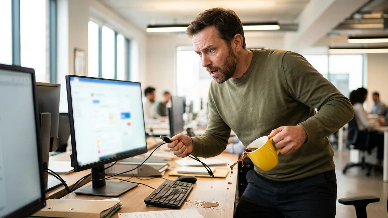 Eine Nahaufnahme eines Smartphone-Bildschirms, der eine generische KI-Chat-Oberfläche zeigt. Eine schattenhafte, behandschuhte Hand greift subtil in den Bildschirm, als würde sie Daten extrahieren. De