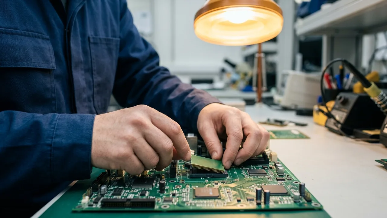 Nahaufnahme eines leuchtenden, hochtechnologischen KI-Chips, der von zwei Händen in sterilen Handschuhen vorsichtig gehalten wird, in einem unscharfen Laborhintergrund.