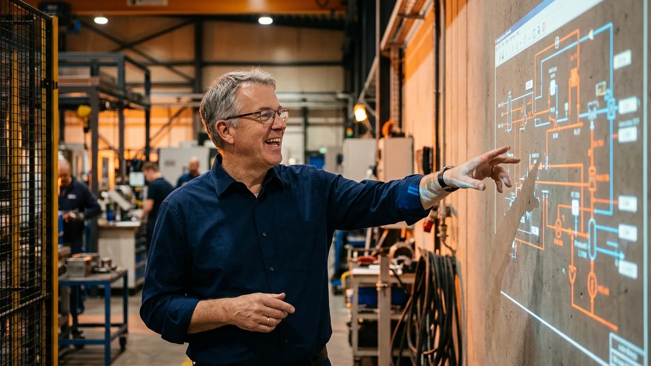 Eine geteilte Bildkomposition, links ein leerer, steriler Büroraum mit einem einzelnen Umzugskarton, rechts ein dynamisches, modernes Ingenieurlabor mit einem Team von Ingenieuren, die an Bildschirmen