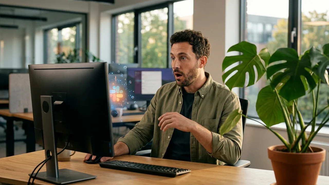 Eine menschliche Hand streckt sich zögerlich nach einem leuchtenden digitalen Symbol über einer unscharfen Slack-Chat-Oberfläche auf einem Laptop-Bildschirm aus.