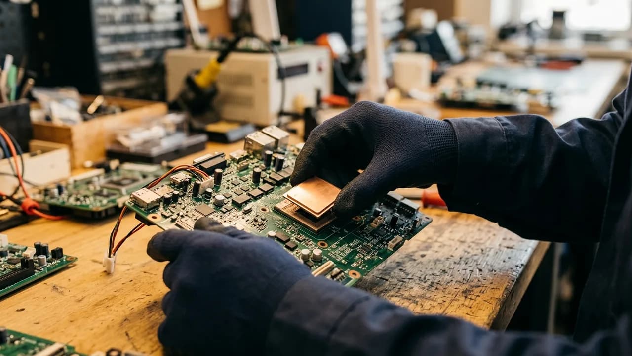 Nahaufnahme eines futuristischen KI-Chips mit komplexen, leuchtenden Schaltkreisen auf einer dunklen, reflektierenden Oberfläche. Im unscharfen Hintergrund sind ältere Server-Racks angedeutet.