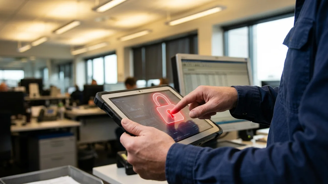 Hände eines Office-Mitarbeiters schweben nervös über einer Laptoptastatur, im Hintergrund ist eine unscharfe Microsoft 365 Copilot Oberfläche zu sehen.