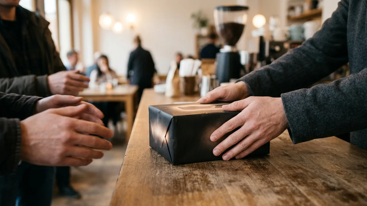 Eine formelle Hand in einem dunklen Anzug drückt einen großen, leuchtend roten 'PAUSE'-Knopf auf einem futuristischen Bedienfeld, umgeben von verschwommener High-Tech-Ausrüstung.