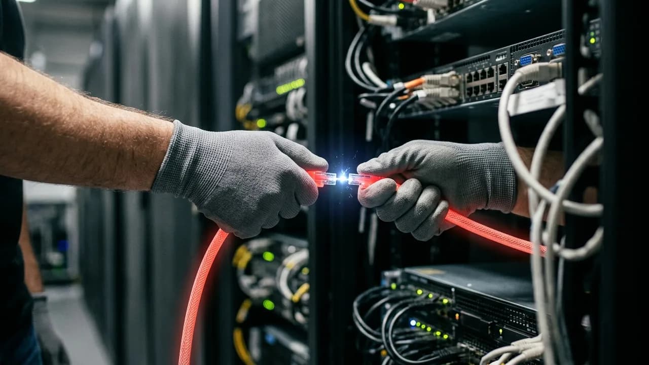 Ein Hacker-Schreibtisch bei Nacht, beleuchtet von mehreren Bildschirmen, die abstrakten Code zeigen, mit einer tippenden Hand im Vordergrund.