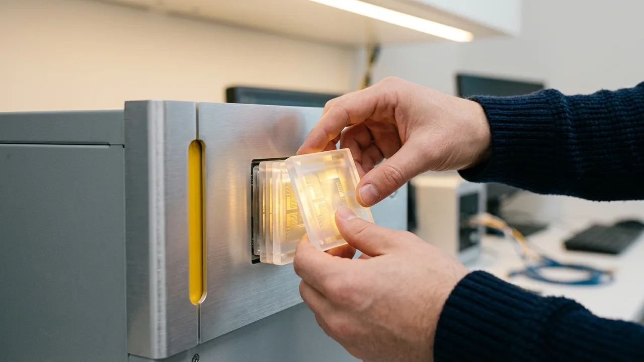 Ein futuristischer KI-Chip mit leichten rötlichen Akzenten, der auf einem Server-Rack liegt. Im unscharfen Hintergrund sind weitere Server und Kabel eines Rechenzentrums zu sehen.