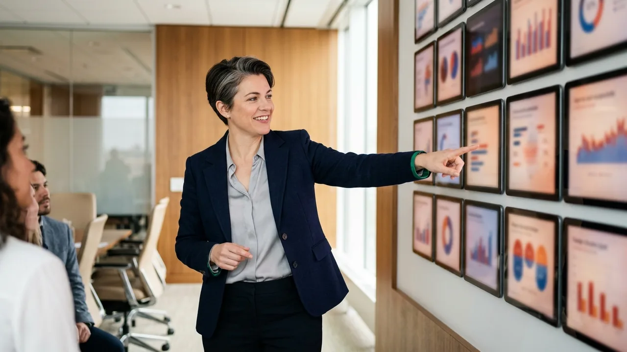 Eine konzentrierte Frau mittleren Alters, eine Coachin, die an einem modernen Schreibtisch sitzt und von vielen digitalen Bildschirmen umgeben ist, die jeweils eine KI-Agenten-Oberfläche zeigen.
