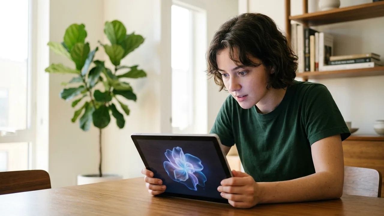 Eine junge, leicht überforderte Büroangestellte blickt auf einen Laptop, während eine durchscheinende digitale Hand auf dem Bildschirm Aufgaben organisiert, was die mühelose Hilfe eines KI-Agenten sym