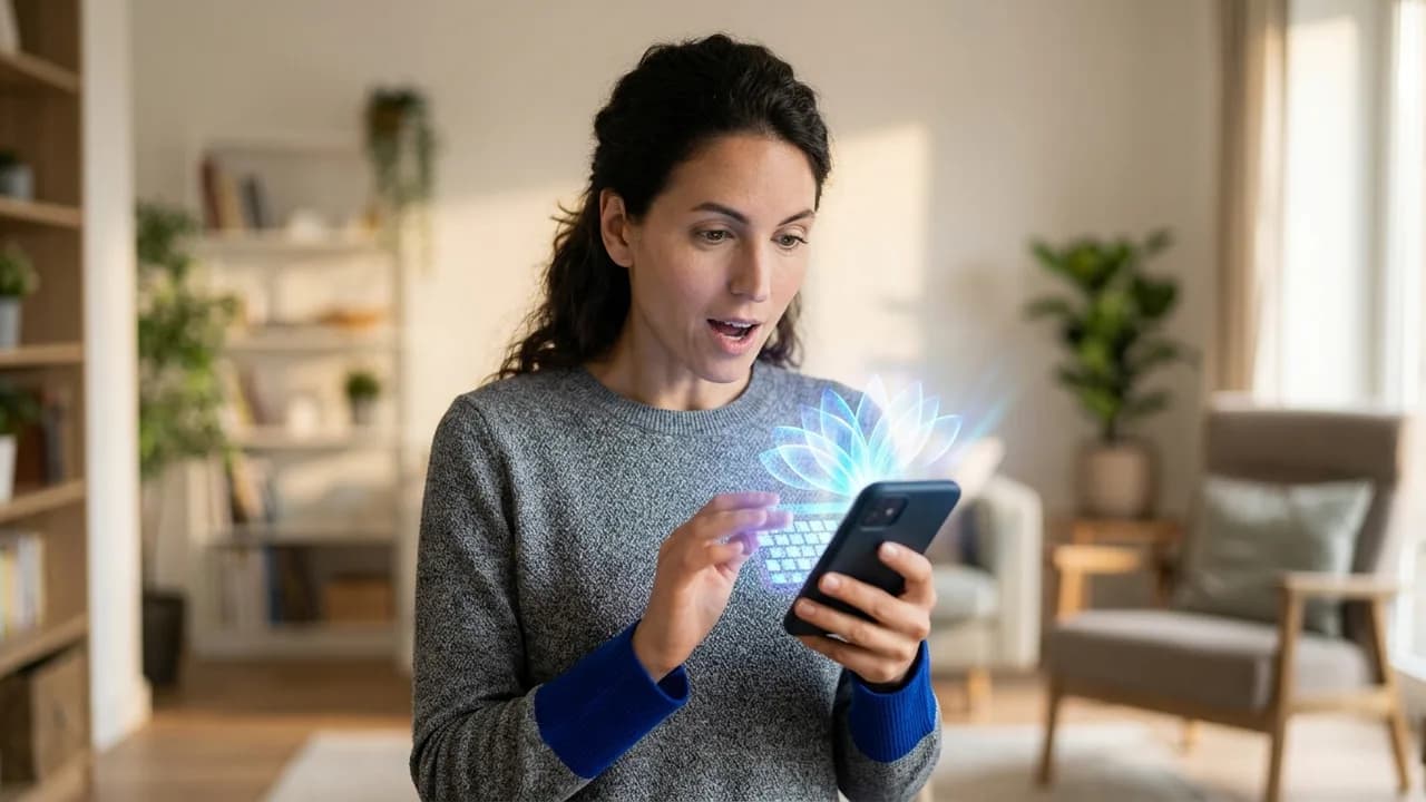 Hände tippen auf einer Smartphone-Tastatur, die leicht leuchtet und eine integrierte KI-Funktion andeutet.