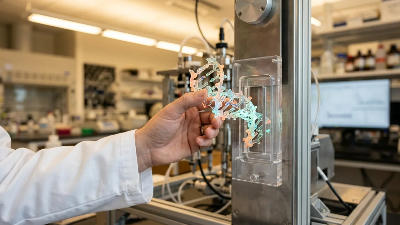 Hände eines Wissenschaftlers interagieren mit einer holografischen, leuchtenden DNA-Helix, im Hintergrund verschwommen Server-Racks und Kabel.