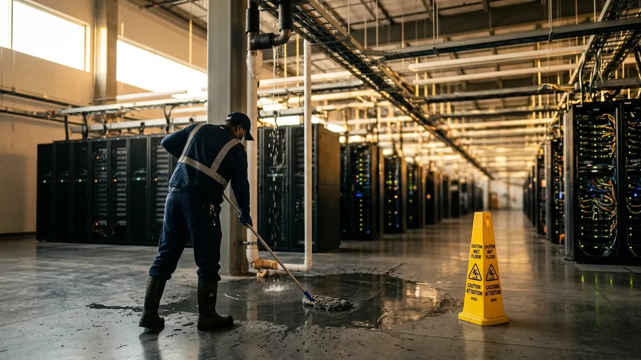 Ein massives, modernes Rechenzentrum in einer ausgetrockneten, von Hitze verzerrten Wüstenlandschaft, mit sichtbaren Hitzewellen, die aus den Kühlsystemen aufsteigen.