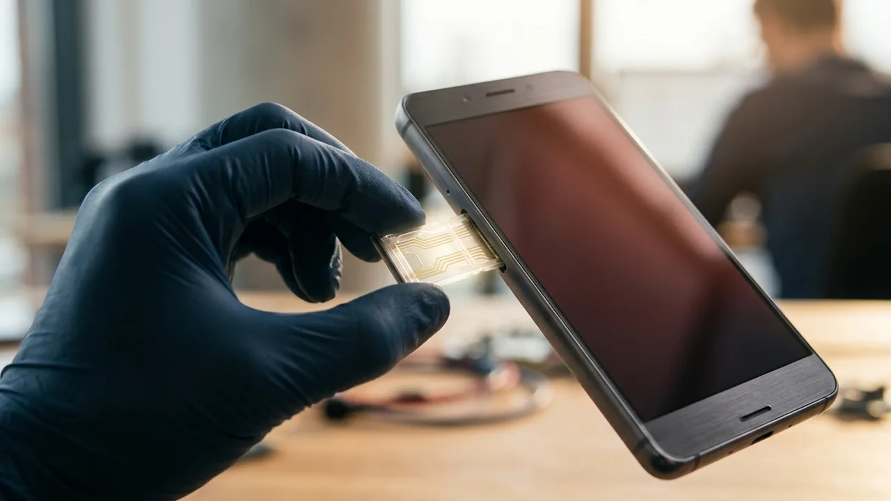 Eine menschliche Hand hält ein Smartphone, dessen Bildschirm ein kaum sichtbares digitales Wasserzeichen über einem Code-Editor-Interface zeigt.