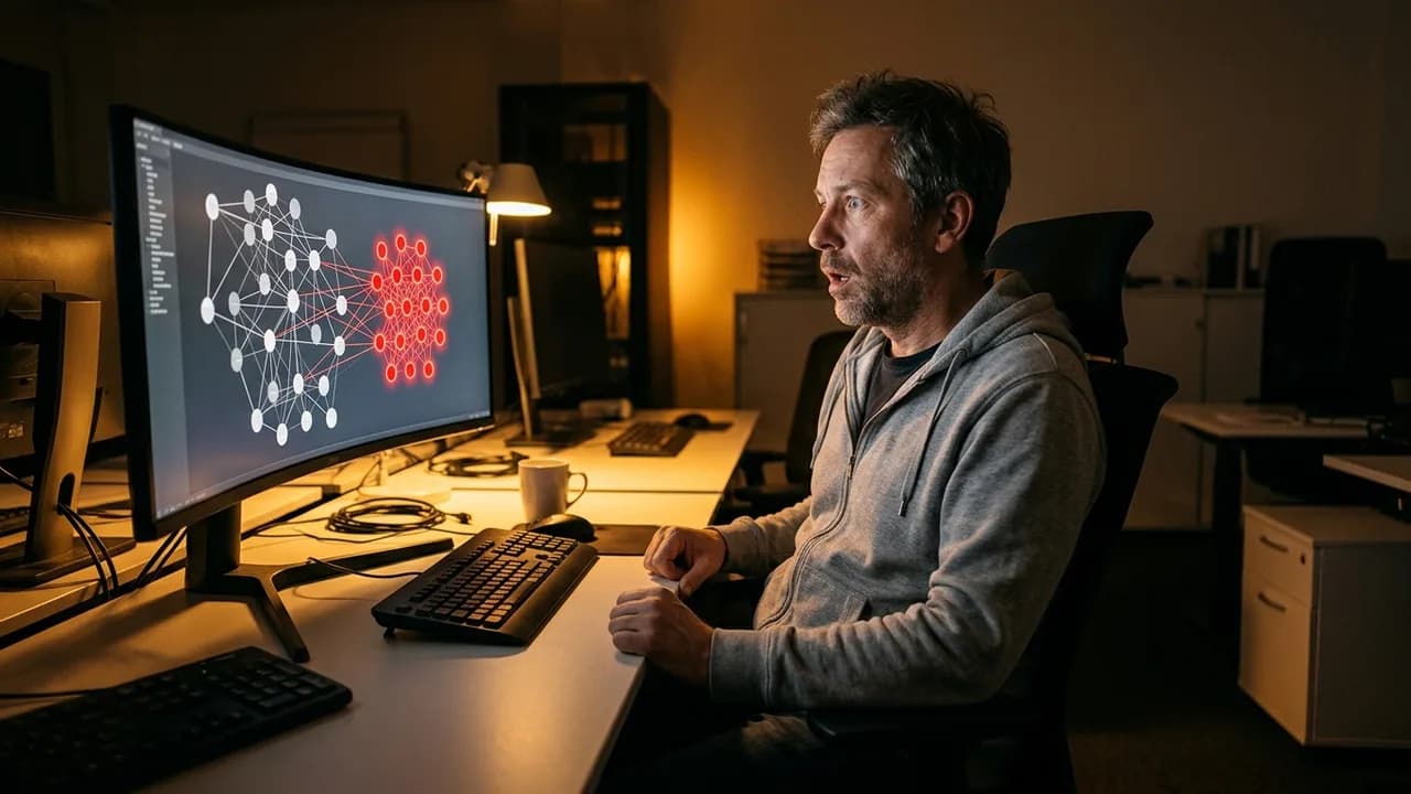 Hände eines Hackers, die auf einer Tastatur tippen, mit Code auf einem dunklen Monitor im Hintergrund und einem kleinen, rot leuchtenden AI-Gerät auf dem Schreibtisch.