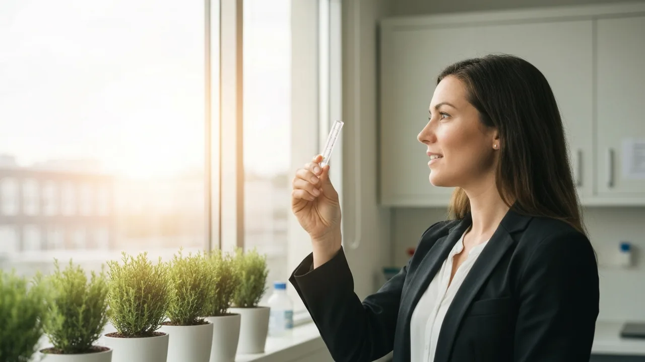 Eine junge Person mit einem futuristischen, nicht-invasiven Hirnscanner auf dem Kopf, konzentriert blickend, mit angedeuteten digitalen Linien, die vom Kopf zu einem unsichtbaren Bildschirm führen.