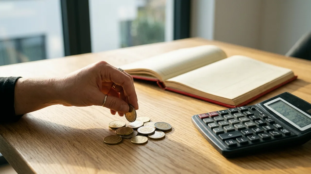 Ein alter, robuster Messingschlüssel mit einem futuristischen Leuchten, der auf einem Stapel US-Dollar-Scheine liegt, vor dem verschwommenen Hintergrund eines Regierungsgebäudes.