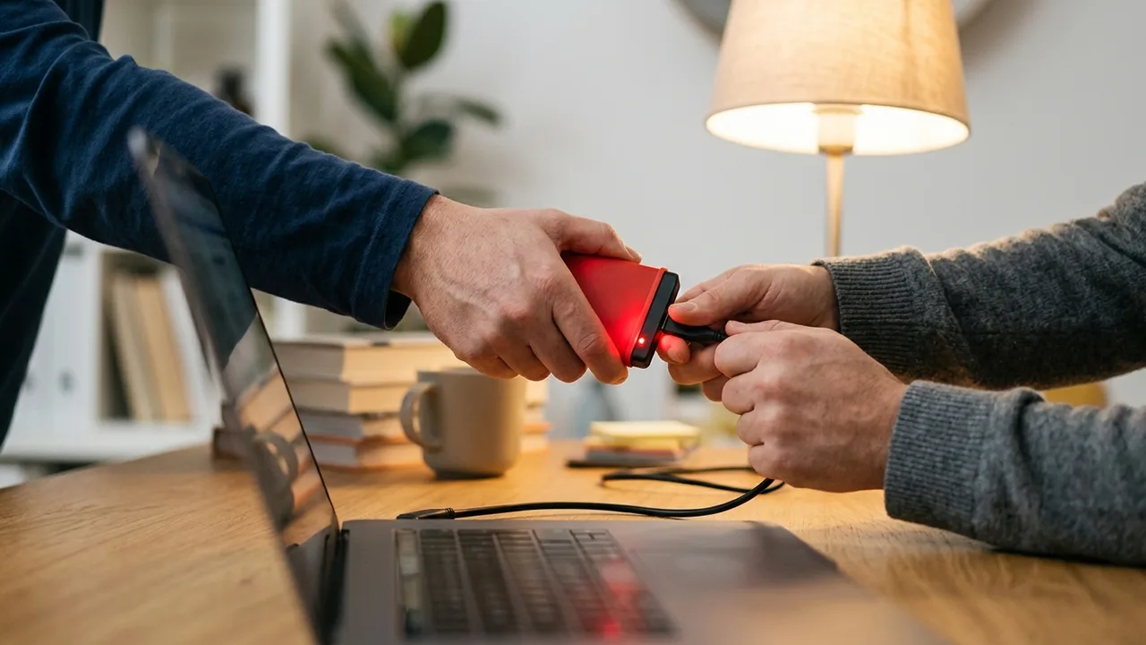 Nahaufnahme eines zerbrochenen Laptop-Bildschirms, der ein fragmentiertes Familienfoto zeigt, mit einer Hand, die versucht, die Teile zusammenzufügen.