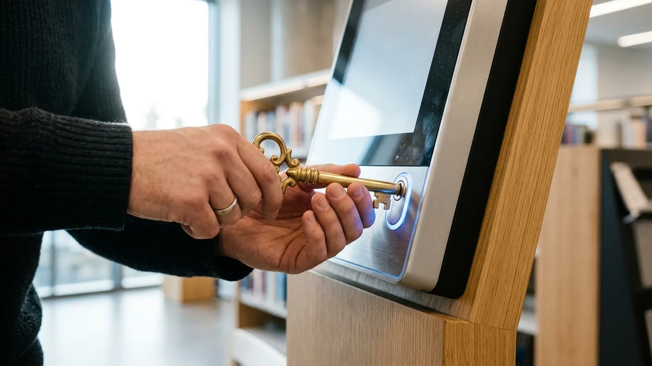 Ein offiziell aussehendes UN-Dokument mit Siegel liegt auf einem dunklen Holzschreibtisch. Über dem Dokument sind digitale Störungen und Glitches zu sehen, die symbolisieren, wie die Technologie die B