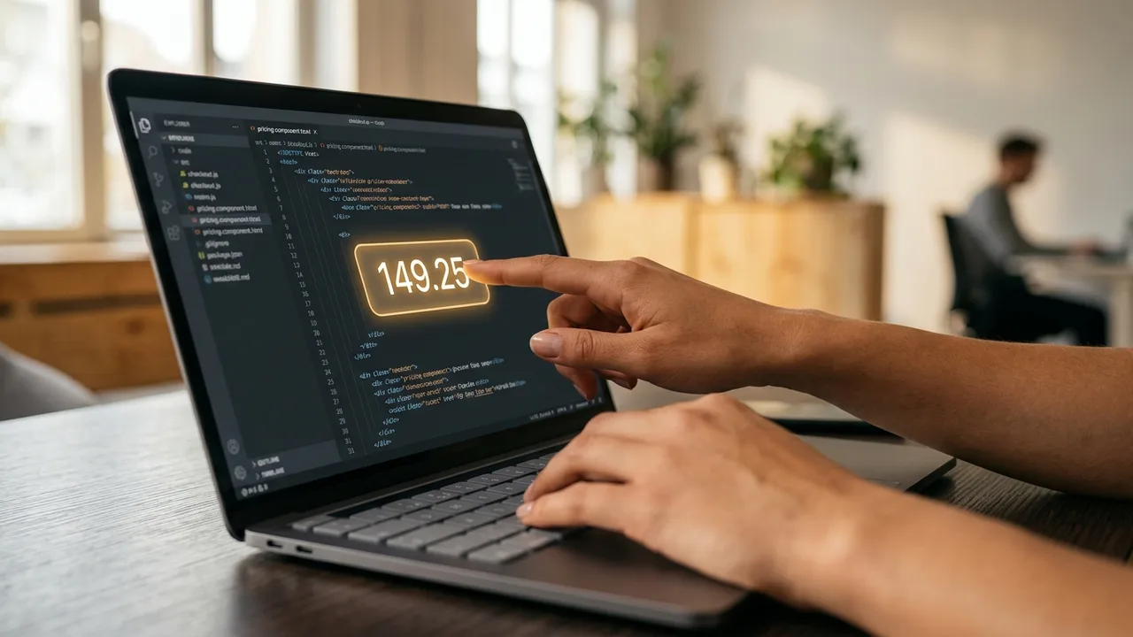 Nahaufnahme der Hände eines erfahrenen Programmierers, die über einer Tastatur schweben, während eine Hand einen zerknüllten Dollar-Schein hält. Im Hintergrund ist unscharfer Code auf einem Monitor zu